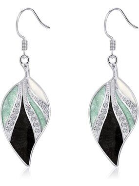 Women's Green and Black Teardrop Dangling Bohemian Tropical Leaf Dangle Earrings